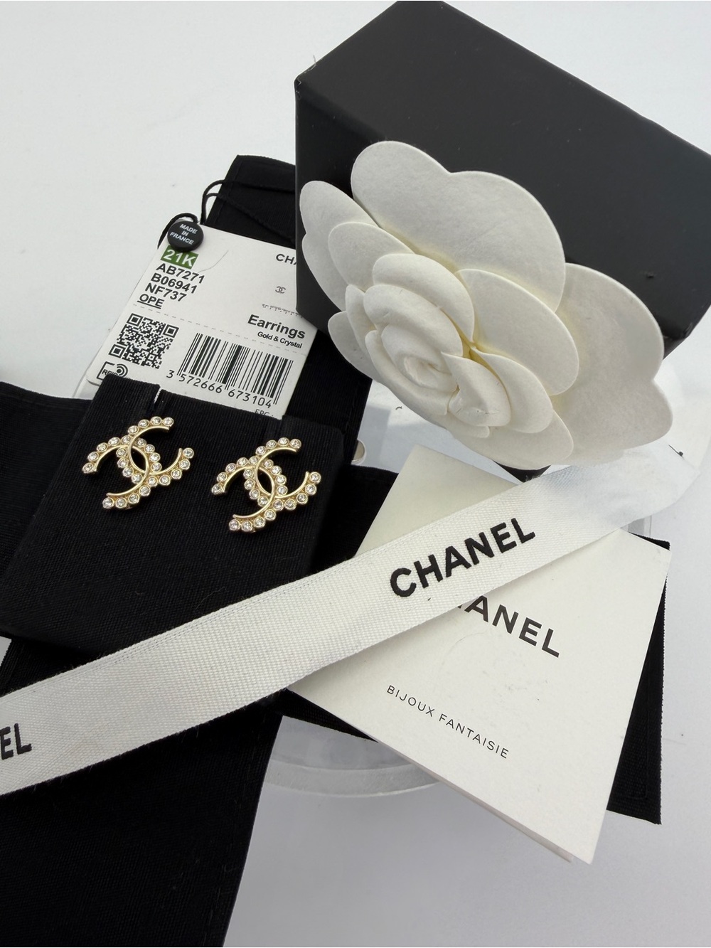 Authentic CHANEL 21K Crystal CC Logo Stud Earrings - Gold Tone (Like New)